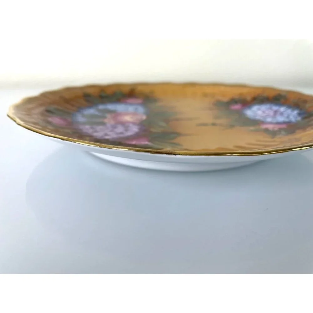 Decorative Orange Floral Plate, Made in China, Pink Purple Blue Gold Edge Detail